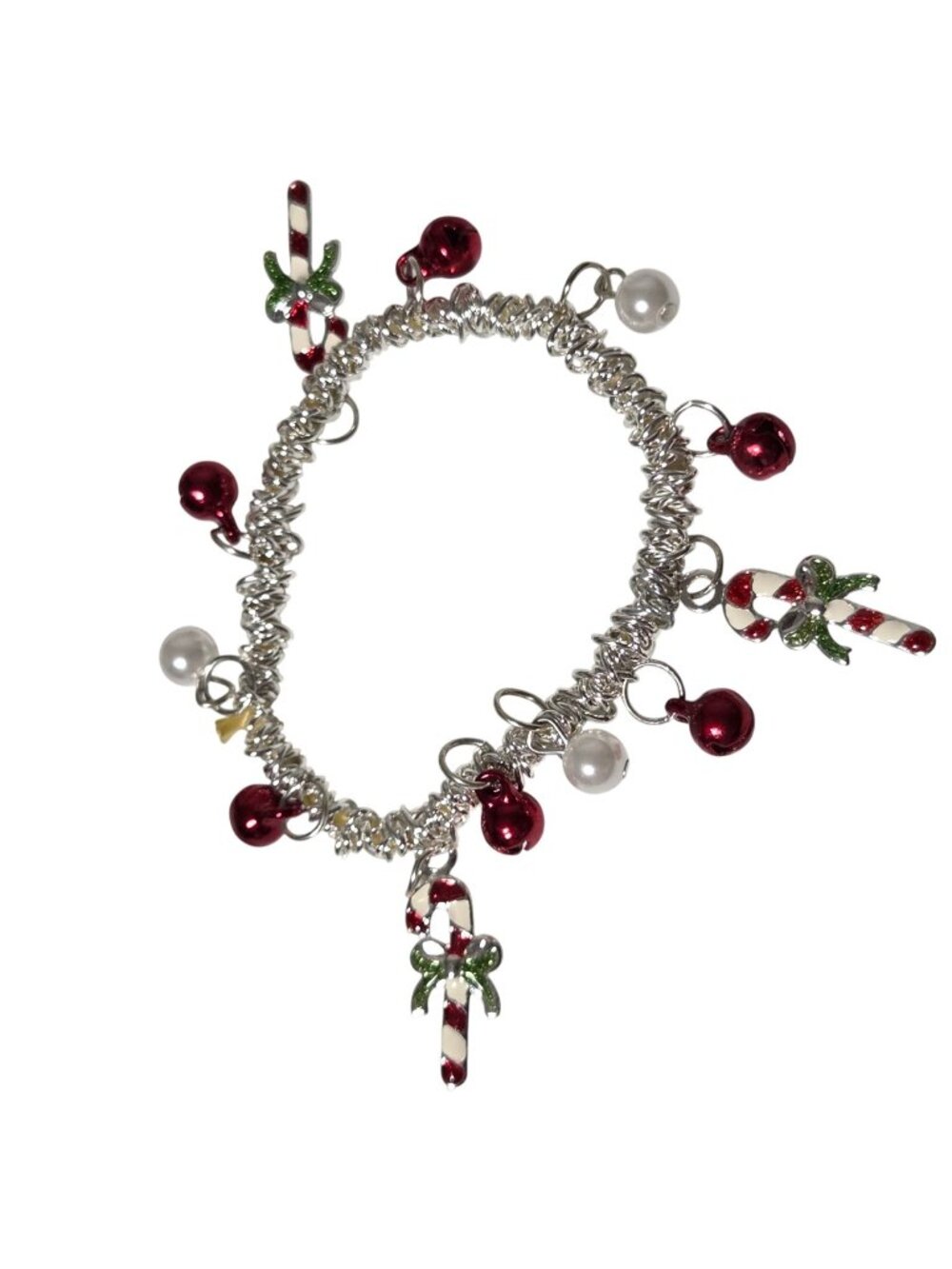 Christmas Charm Bracelet Candy Cane Red White Beads Stretch Holiday Jewelry